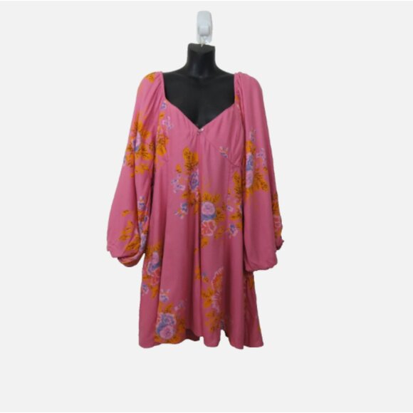 Free People size XL Francesca Mini Dress Ballon Sleeve V Neck Floral Boho NEW - Picture 1 of 8